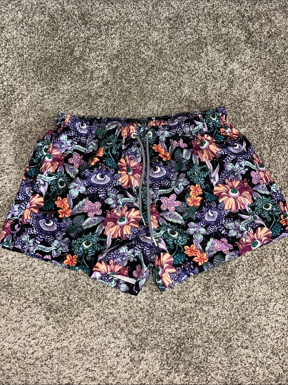 Floral Eye-Print Mens Drawstring Shorts - Purple & Black